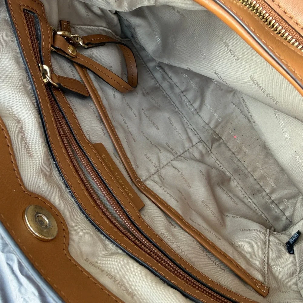 Michael Kors Brown Signature MK PVC Shoulder Tote Bag Acorn Leather Trim Large